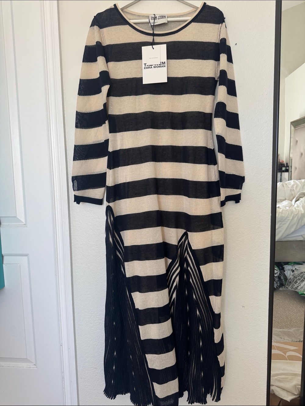 Zara The Item Black and Cream Striped Long Sleeve Midi Dress